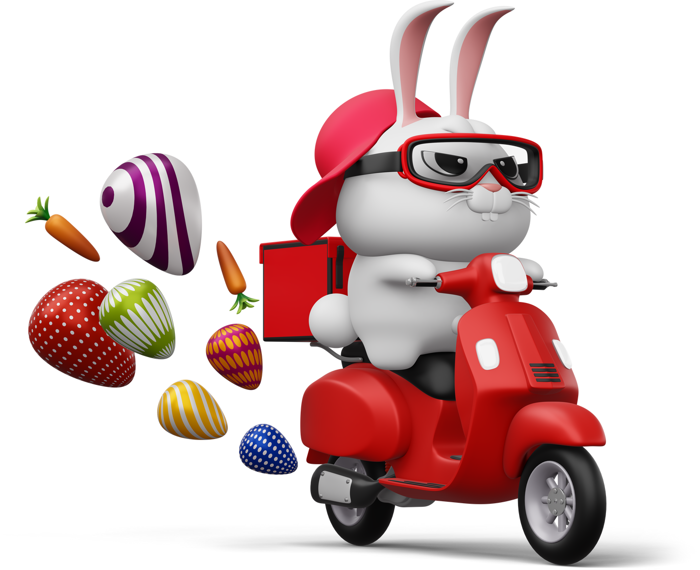 Happy easter day, cute bunny delivery with motorcycle